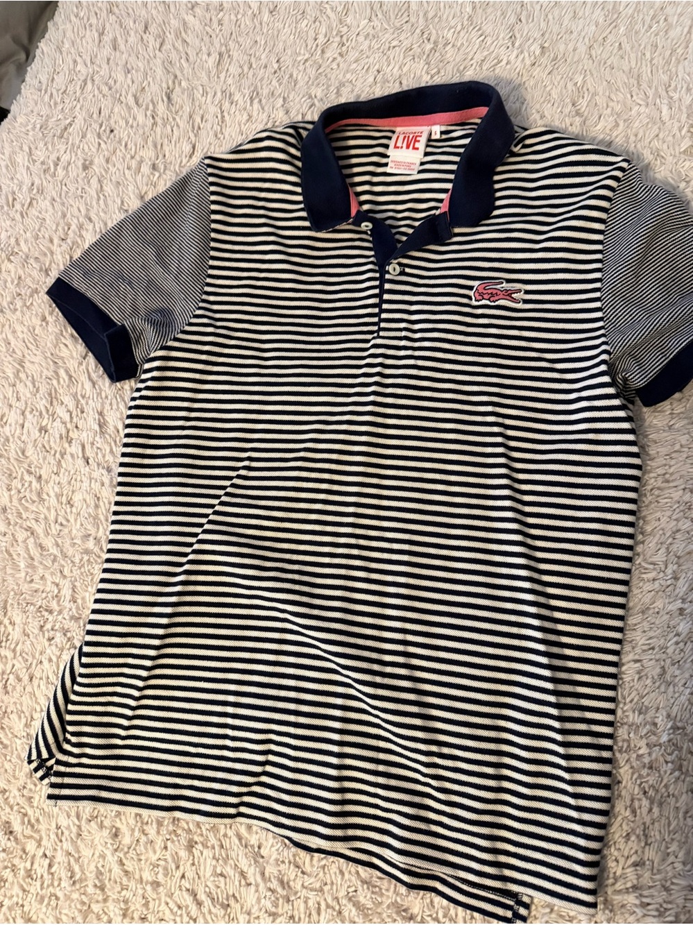 Lacoste Navy and White Striped Kids Polo with Pink Logo Accent . Size large